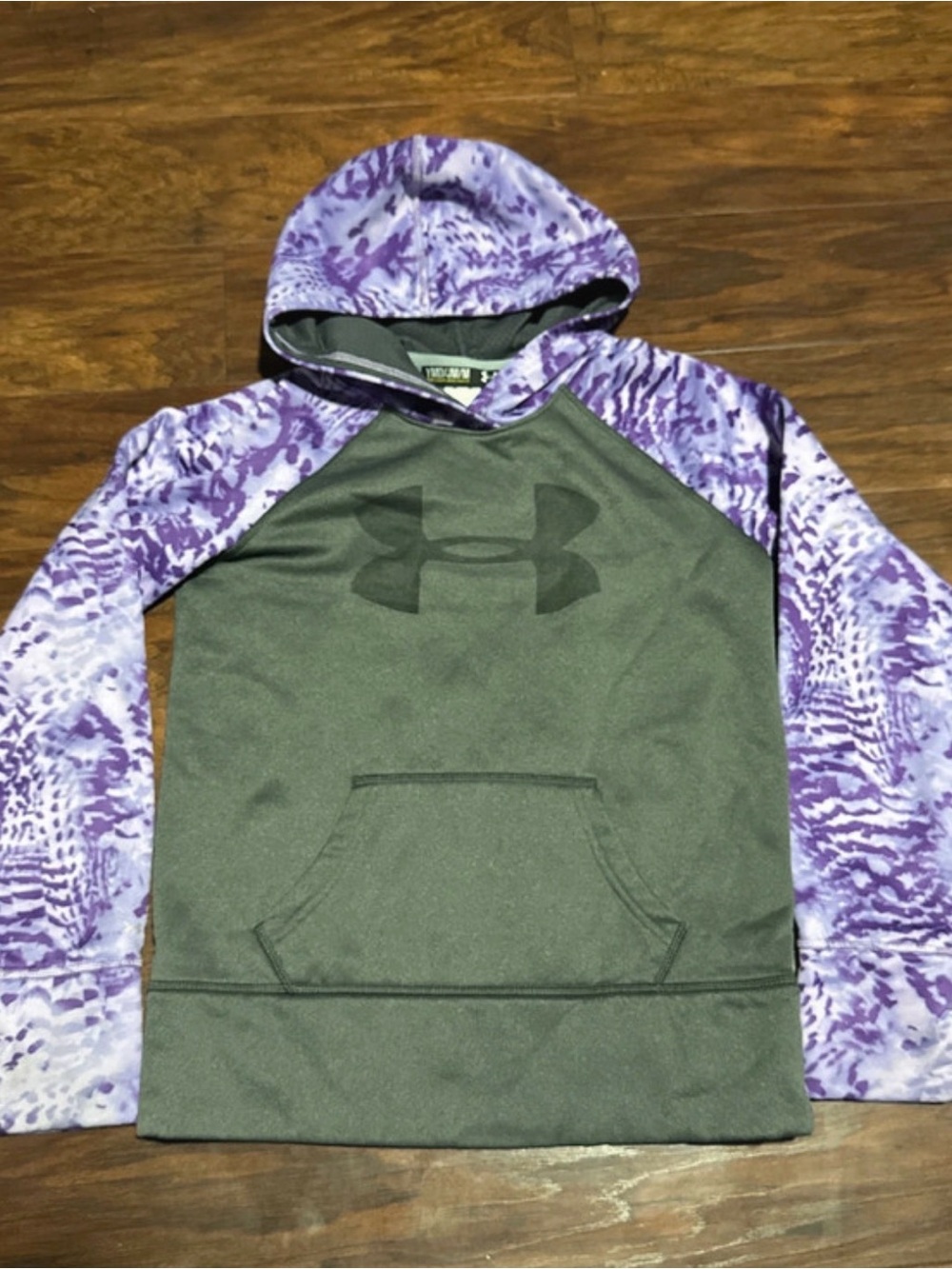 Under Armour Girls Gray Body Hoodie with Purple Tie-Dye Sleeves